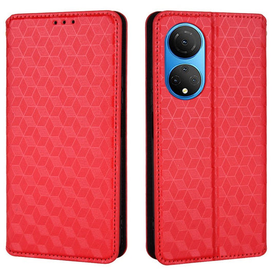 For Honor X7 Magnetic Adsorption Phone Stand Wallet Protective Case PU Leather Rhombus Imprint Cellphone Cover Shell - Red