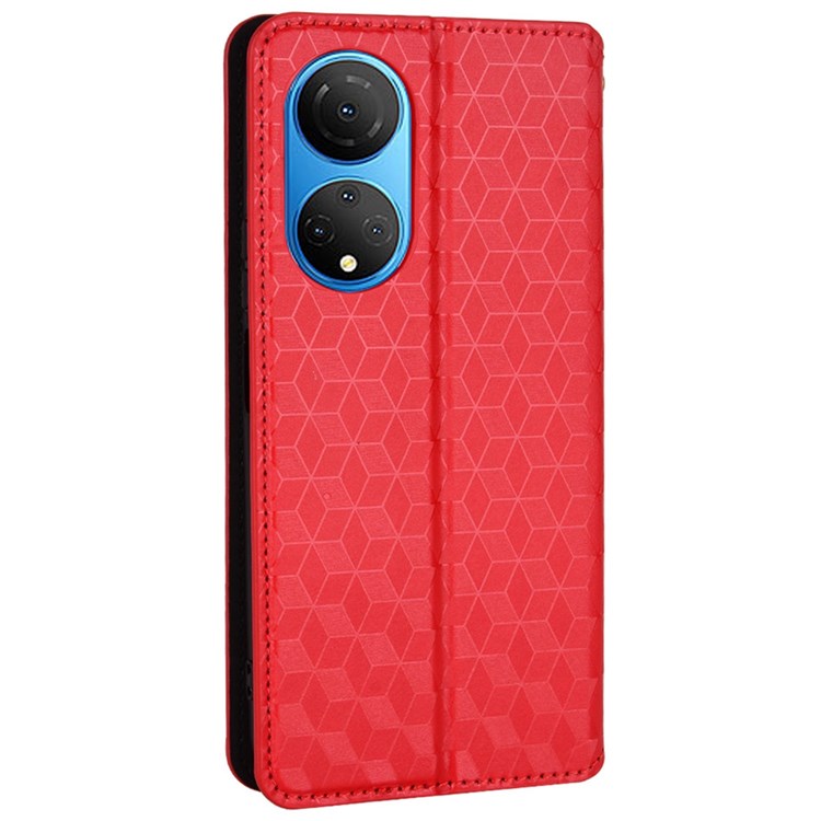 For Honor X7 Magnetic Adsorption Phone Stand Wallet Protective Case PU Leather Rhombus Imprint Cellphone Cover Shell - Red