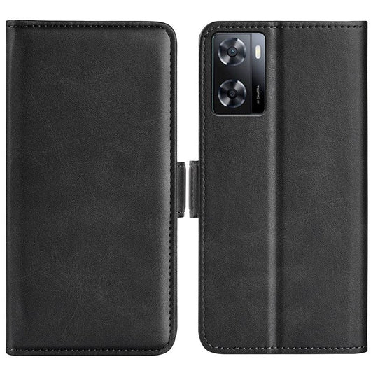 Textured PU Leather Stand Wallet Case for Oppo A57 4G / A57s 4G, Double Magnetic Clasp Folio Flip Phone Cover - Black
