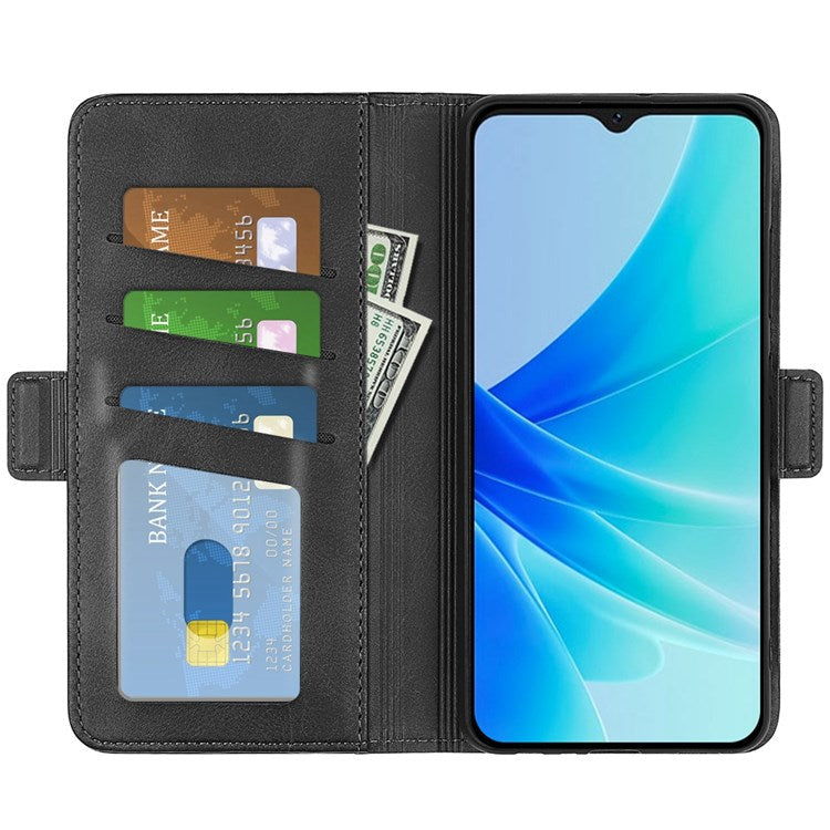 Textured PU Leather Stand Wallet Case for Oppo A57 4G / A57s 4G, Double Magnetic Clasp Folio Flip Phone Cover - Black