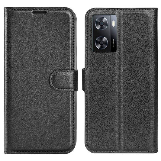 PU Leather Stand Wallet Phone Case for Oppo A57 4G / A57s 4G, Litchi Texture Full Protection Folio Flip Cover - Black