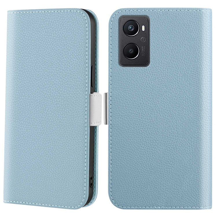 Litchi Texture Wallet Phone Case for Oppo A96 4G, Candy Color PU Leather Viewing Stand Flip Folio Cover - Blue
