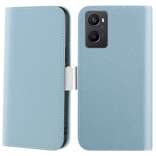 Litchi Texture Wallet Phone Case for Oppo A96 4G, Candy Color PU Leather Viewing Stand Flip Folio Cover - Blue