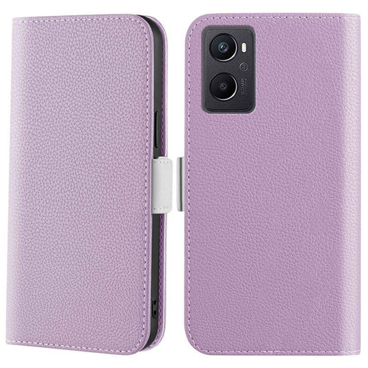 Litchi Texture Wallet Phone Case for Oppo A96 4G, Candy Color PU Leather Viewing Stand Flip Folio Cover - Purple