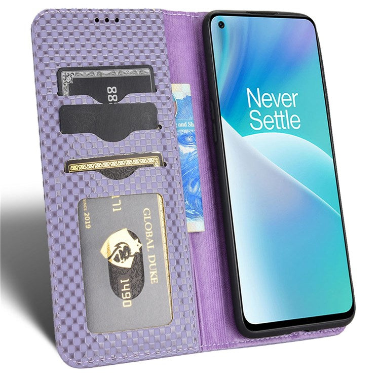 For OnePlus Nord 2T 5G Anti-dust Mobile Phone Bag Cover Grid Texture PU Leather Auto Closing Stand Wallet - Light Purple