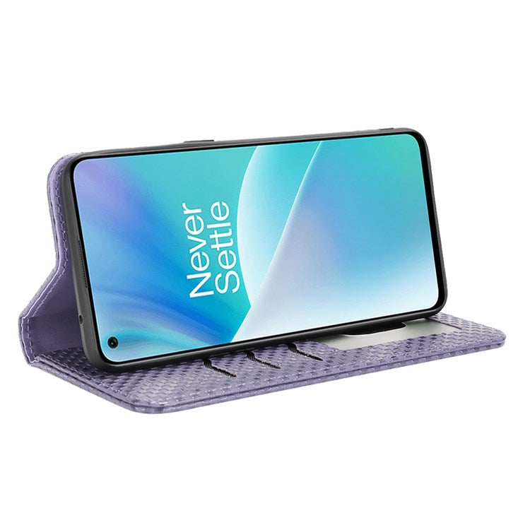 For OnePlus Nord 2T 5G Anti-dust Mobile Phone Bag Cover Grid Texture PU Leather Auto Closing Stand Wallet - Light Purple