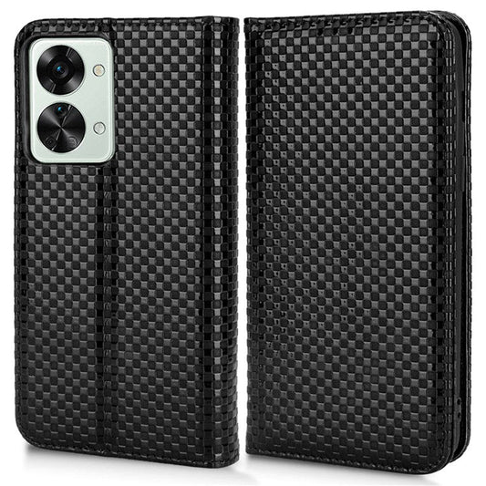 For OnePlus Nord 2T 5G Anti-dust Mobile Phone Bag Cover Grid Texture PU Leather Auto Closing Stand Wallet - Black