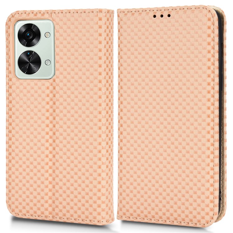 For OnePlus Nord 2T 5G Anti-dust Mobile Phone Bag Cover Grid Texture PU Leather Auto Closing Stand Wallet - Beige