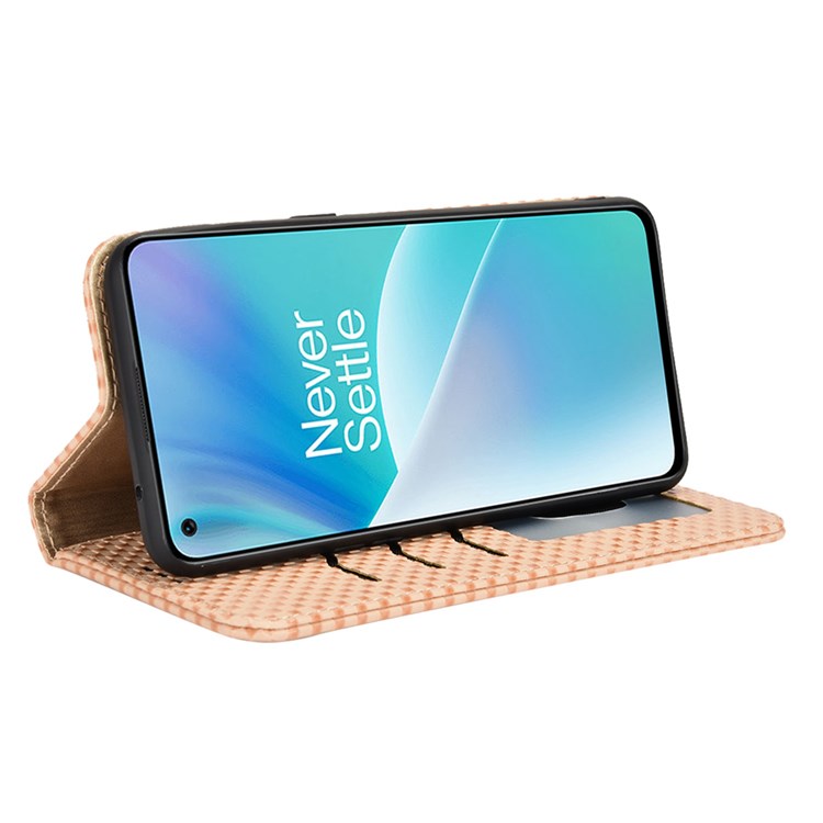 For OnePlus Nord 2T 5G Anti-dust Mobile Phone Bag Cover Grid Texture PU Leather Auto Closing Stand Wallet - Beige