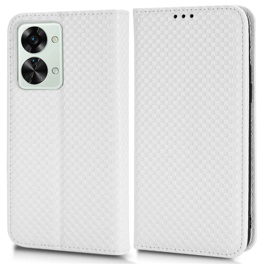 For OnePlus Nord 2T 5G Anti-dust Mobile Phone Bag Cover Grid Texture PU Leather Auto Closing Stand Wallet - White