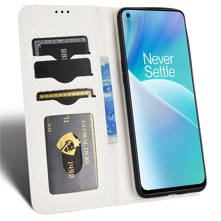 For OnePlus Nord 2T 5G Anti-dust Mobile Phone Bag Cover Grid Texture PU Leather Auto Closing Stand Wallet - White