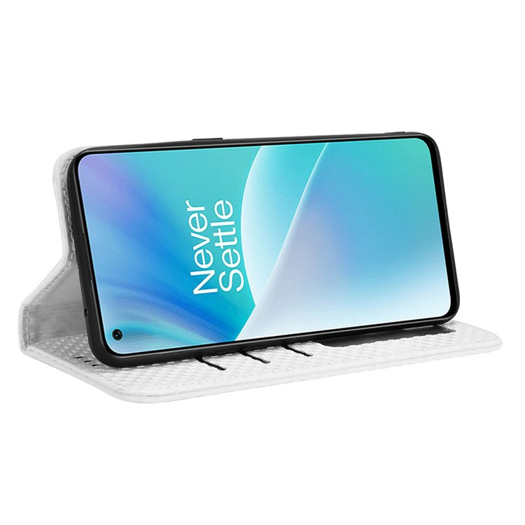 For OnePlus Nord 2T 5G Anti-dust Mobile Phone Bag Cover Grid Texture PU Leather Auto Closing Stand Wallet - White