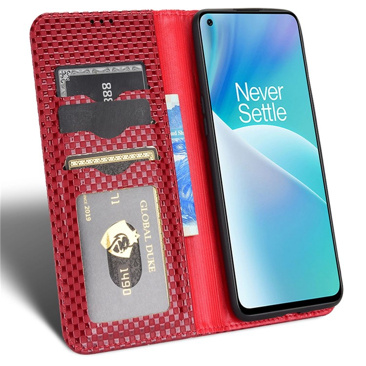 For OnePlus Nord 2T 5G Anti-dust Mobile Phone Bag Cover Grid Texture PU Leather Auto Closing Stand Wallet - Wine Red