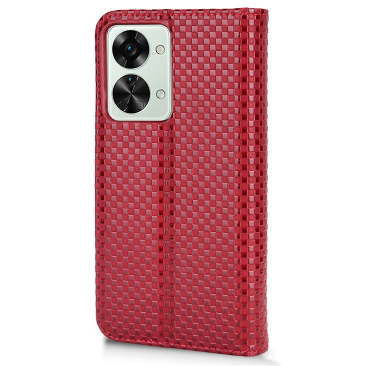 For OnePlus Nord 2T 5G Anti-dust Mobile Phone Bag Cover Grid Texture PU Leather Auto Closing Stand Wallet - Wine Red