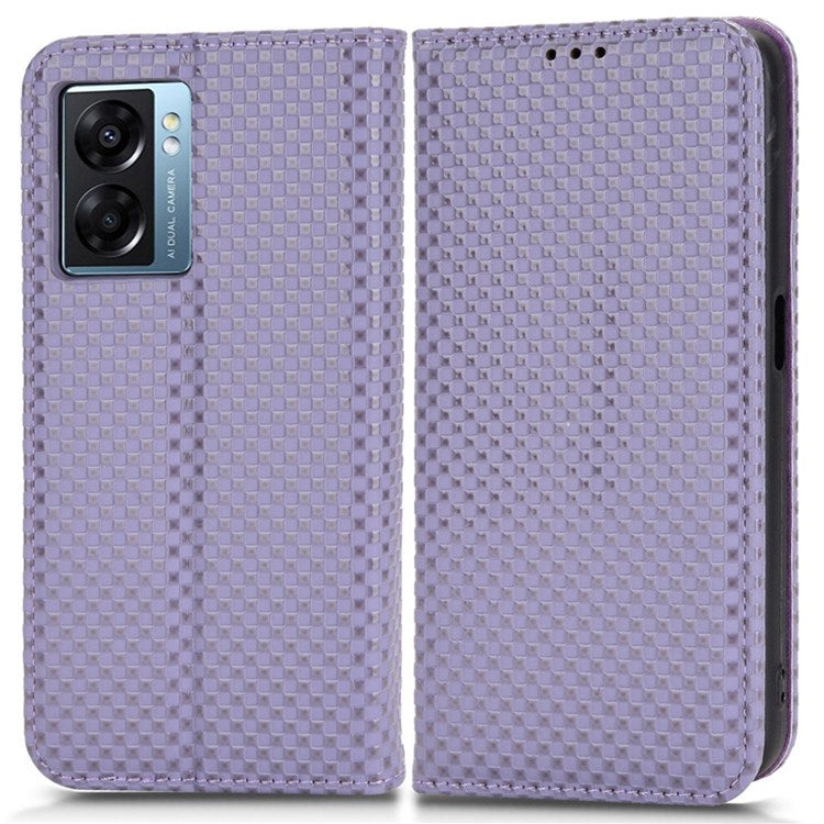For Oppo A57 (2022) 5G / A77 5G / OnePlus Nord N300 5G / Realme Narzo 50 5G / V23 5G Grid Texture PU Leather Stand Wallet Case Magnetic Auto-absorbed Phone Cover - Light Purple