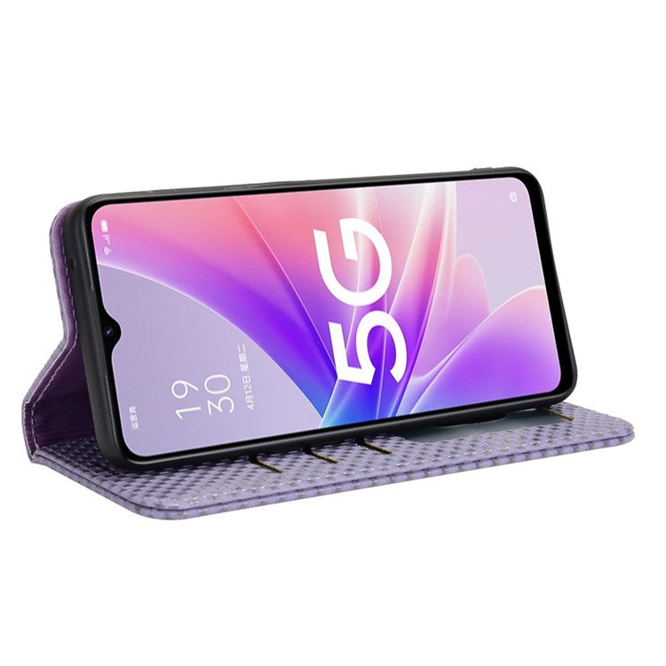 For Oppo A57 (2022) 5G / A77 5G / OnePlus Nord N300 5G / Realme Narzo 50 5G / V23 5G Grid Texture PU Leather Stand Wallet Case Magnetic Auto-absorbed Phone Cover - Light Purple