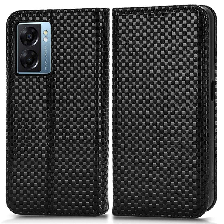 For Oppo A57 (2022) 5G / A77 5G / OnePlus Nord N300 5G / Realme Narzo 50 5G / V23 5G Grid Texture PU Leather Stand Wallet Case Magnetic Auto-absorbed Phone Cover - Black