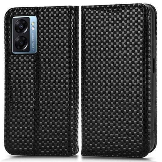 For Oppo A57 (2022) 5G / A77 5G / OnePlus Nord N300 5G / Realme Narzo 50 5G / V23 5G Grid Texture PU Leather Stand Wallet Case Magnetic Auto-absorbed Phone Cover - Black
