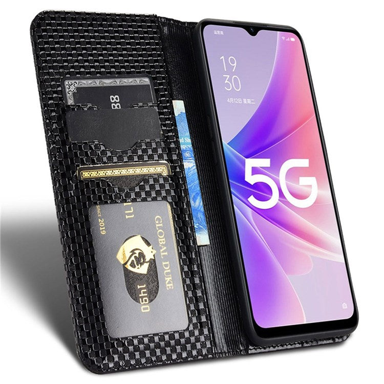 For Oppo A57 (2022) 5G / A77 5G / OnePlus Nord N300 5G / Realme Narzo 50 5G / V23 5G Grid Texture PU Leather Stand Wallet Case Magnetic Auto-absorbed Phone Cover - Black