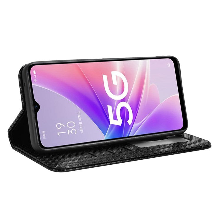 For Oppo A57 (2022) 5G / A77 5G / OnePlus Nord N300 5G / Realme Narzo 50 5G / V23 5G Grid Texture PU Leather Stand Wallet Case Magnetic Auto-absorbed Phone Cover - Black