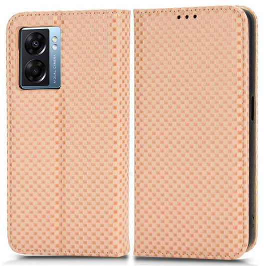 For Oppo A57 (2022) 5G / A77 5G / OnePlus Nord N300 5G / Realme Narzo 50 5G / V23 5G Grid Texture PU Leather Stand Wallet Case Magnetic Auto-absorbed Phone Cover - Beige