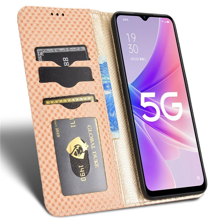 For Oppo A57 (2022) 5G / A77 5G / OnePlus Nord N300 5G / Realme Narzo 50 5G / V23 5G Grid Texture PU Leather Stand Wallet Case Magnetic Auto-absorbed Phone Cover - Beige