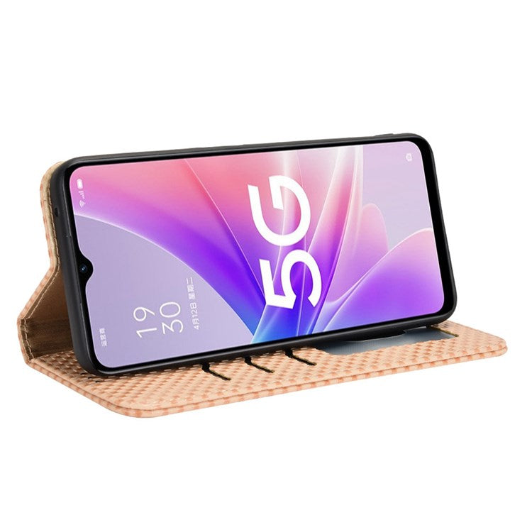 For Oppo A57 (2022) 5G / A77 5G / OnePlus Nord N300 5G / Realme Narzo 50 5G / V23 5G Grid Texture PU Leather Stand Wallet Case Magnetic Auto-absorbed Phone Cover - Beige