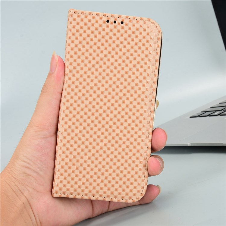 For Oppo A57 (2022) 5G / A77 5G / OnePlus Nord N300 5G / Realme Narzo 50 5G / V23 5G Grid Texture PU Leather Stand Wallet Case Magnetic Auto-absorbed Phone Cover - Beige