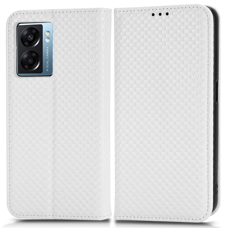 For Oppo A57 (2022) 5G / A77 5G / OnePlus Nord N300 5G / Realme Narzo 50 5G / V23 5G Grid Texture PU Leather Stand Wallet Case Magnetic Auto-absorbed Phone Cover - White