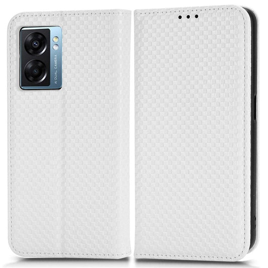 For Oppo A57 (2022) 5G / A77 5G / OnePlus Nord N300 5G / Realme Narzo 50 5G / V23 5G Grid Texture PU Leather Stand Wallet Case Magnetic Auto-absorbed Phone Cover - White