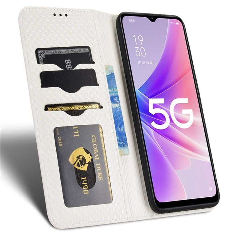 For Oppo A57 (2022) 5G / A77 5G / OnePlus Nord N300 5G / Realme Narzo 50 5G / V23 5G Grid Texture PU Leather Stand Wallet Case Magnetic Auto-absorbed Phone Cover - White