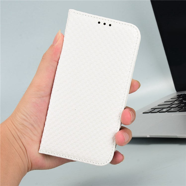 For Oppo A57 (2022) 5G / A77 5G / OnePlus Nord N300 5G / Realme Narzo 50 5G / V23 5G Grid Texture PU Leather Stand Wallet Case Magnetic Auto-absorbed Phone Cover - White