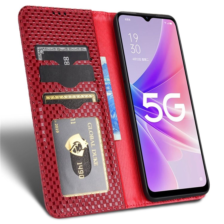 For Oppo A57 (2022) 5G / A77 5G / OnePlus Nord N300 5G / Realme Narzo 50 5G / V23 5G Grid Texture PU Leather Stand Wallet Case Magnetic Auto-absorbed Phone Cover - Wine Red