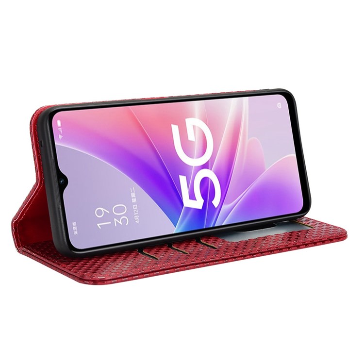 For Oppo A57 (2022) 5G / A77 5G / OnePlus Nord N300 5G / Realme Narzo 50 5G / V23 5G Grid Texture PU Leather Stand Wallet Case Magnetic Auto-absorbed Phone Cover - Wine Red