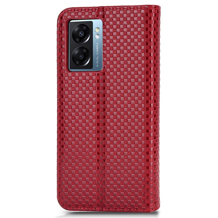For Oppo A57 (2022) 5G / A77 5G / OnePlus Nord N300 5G / Realme Narzo 50 5G / V23 5G Grid Texture PU Leather Stand Wallet Case Magnetic Auto-absorbed Phone Cover - Wine Red