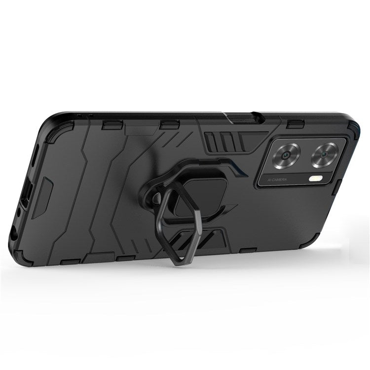 Soft TPU + Hard PC Hybrid Case for Oppo A57 4G / A57s 4G, Ring Kickstand Well-protected Shockproof Phone Shell - Black