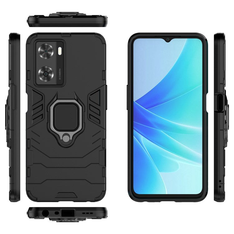 Soft TPU + Hard PC Hybrid Case for Oppo A57 4G / A57s 4G, Ring Kickstand Well-protected Shockproof Phone Shell - Black