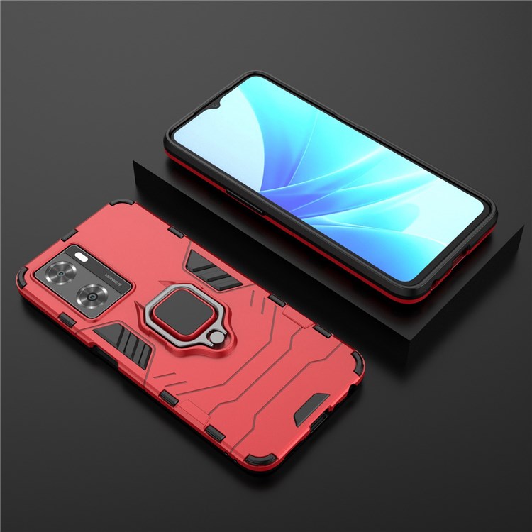Soft TPU + Hard PC Hybrid Case for Oppo A57 4G / A57s 4G, Ring Kickstand Well-protected Shockproof Phone Shell - Red
