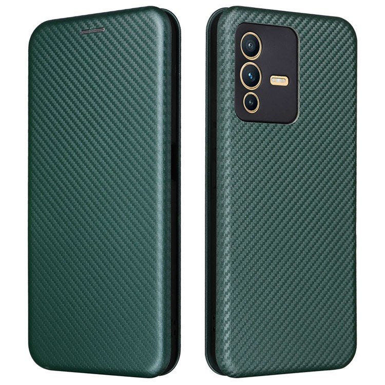 For vivo S12 / V23 5G Card Holder Mobile Phone Case Carbon Fiber Texture Magnetic Auto-absorbed PU Leather Stand Phone Cover - Green