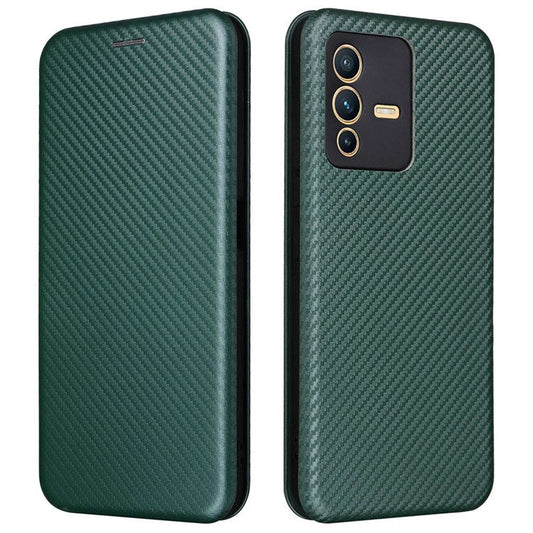For vivo S12 / V23 5G Card Holder Mobile Phone Case Carbon Fiber Texture Magnetic Auto-absorbed PU Leather Stand Phone Cover - Green