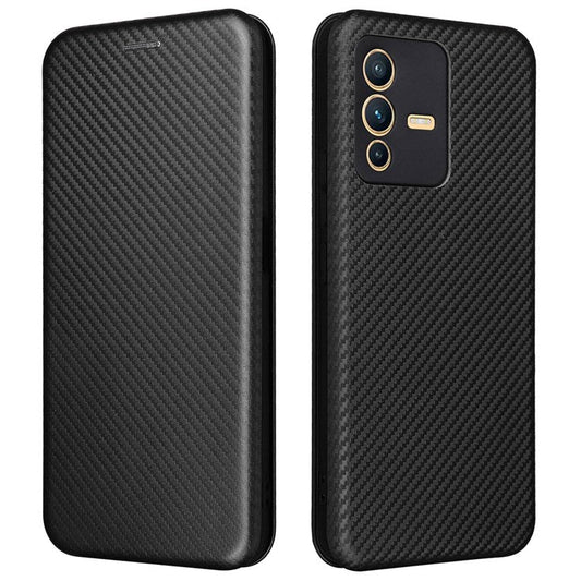 For vivo S12 / V23 5G Card Holder Mobile Phone Case Carbon Fiber Texture Magnetic Auto-absorbed PU Leather Stand Phone Cover - Black
