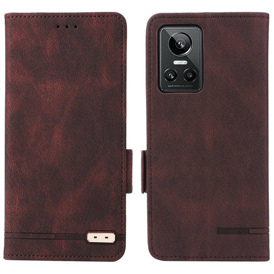 For Realme GT Neo3 Hardware Decor Foldable Stand Phone Wallet Case Double Magnetic Clasps PU Leather Protective Cover - Coffee