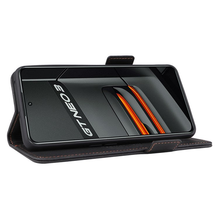 For Realme GT Neo3 Hardware Decor Foldable Stand Phone Wallet Case Double Magnetic Clasps PU Leather Protective Cover - Black