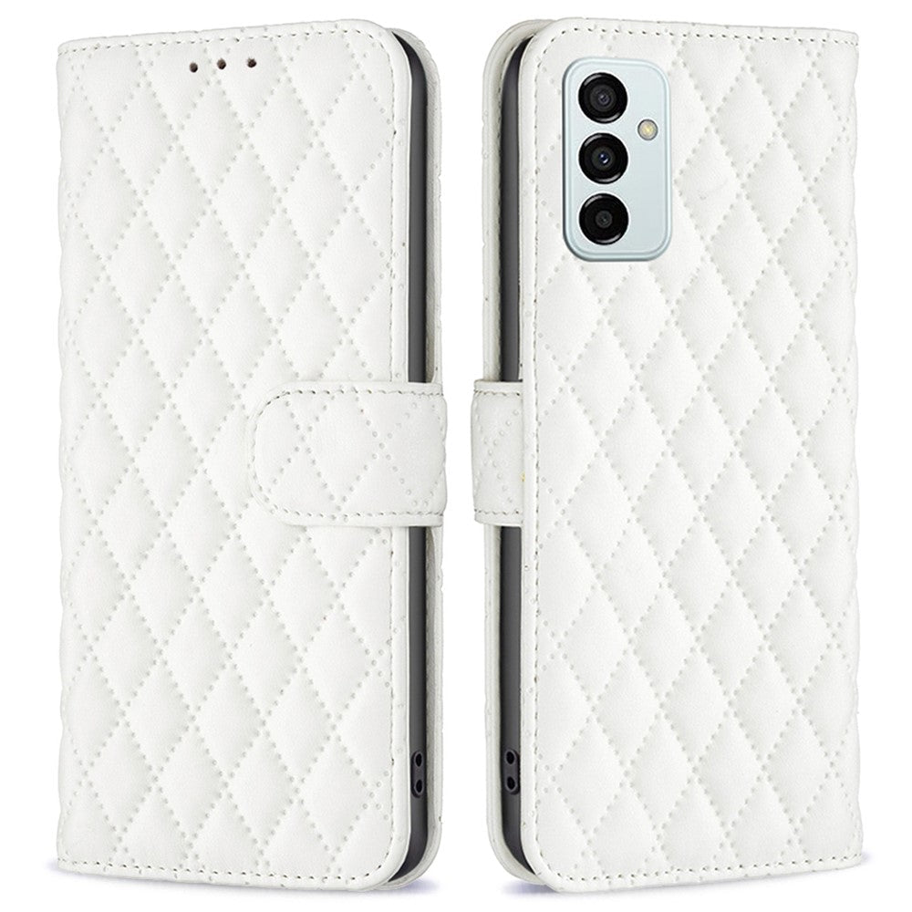 BINFEN COLOR For Samsung Galaxy M23 5G / F23 5G Matte Case BF Style-14 Imprinted Rhombus Pattern PU Leather Wallet Flip Cover with Stand - White