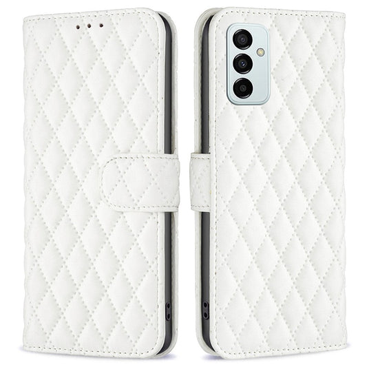 BINFEN COLOR For Samsung Galaxy M23 5G / F23 5G Matte Case BF Style-14 Imprinted Rhombus Pattern PU Leather Wallet Flip Cover with Stand - White