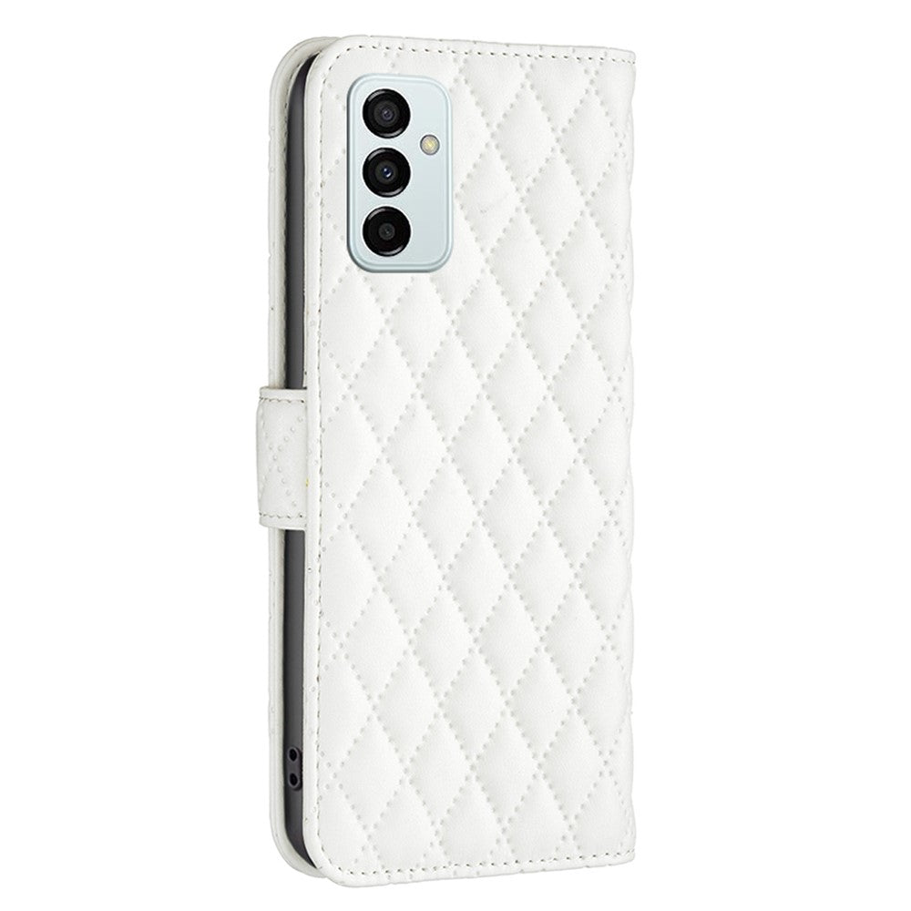 BINFEN COLOR For Samsung Galaxy M23 5G / F23 5G Matte Case BF Style-14 Imprinted Rhombus Pattern PU Leather Wallet Flip Cover with Stand - White