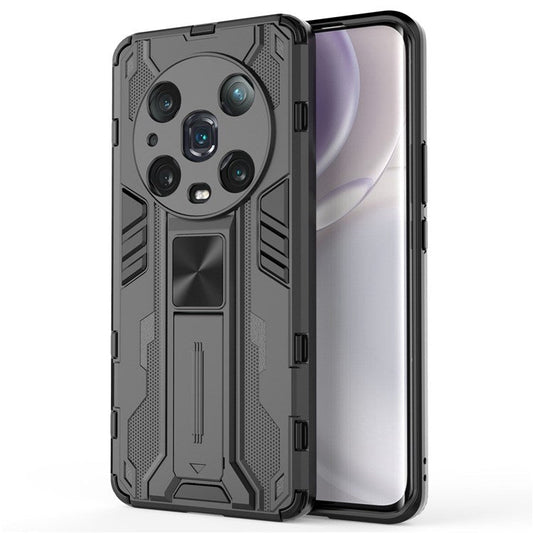 For Honor Magic4 Pro 5G Hybrid Kickstand Phone Case Hard PC Soft TPU Shock-Absorbing Cover - Black