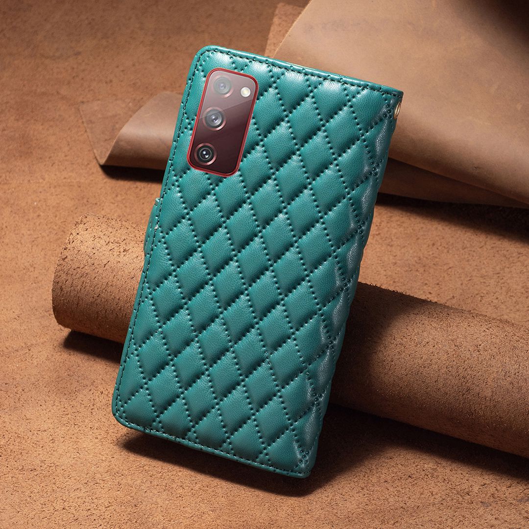 BINFEN COLOR for Samsung Galaxy S20 FE 4G / FE 5G / S20 Lite / S20 FE 2022 BF Style-15 Well-protected Imprinted Rhombus Pattern Case with Zipper Pocket Stand Matte PU Leather Wallet Cover - Green