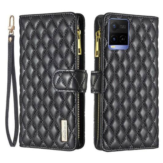 BINFEN COLOR BF Style-15 Phone Cover for vivo Y21 / Y21s / Y33s, Zipper Pocket Design Imprinted Rhombus Pattern Matte Anti-drop Cover PU Leather Wallet Folio Flip Mobile Phone Case - Black