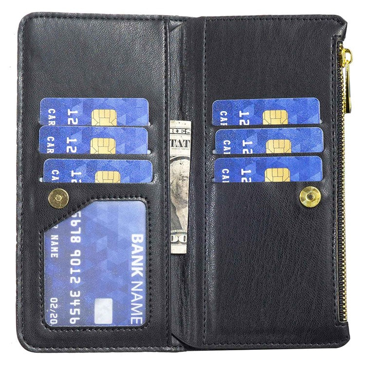 BINFEN COLOR BF Style-15 Phone Cover for vivo Y21 / Y21s / Y33s, Zipper Pocket Design Imprinted Rhombus Pattern Matte Anti-drop Cover PU Leather Wallet Folio Flip Mobile Phone Case - Black